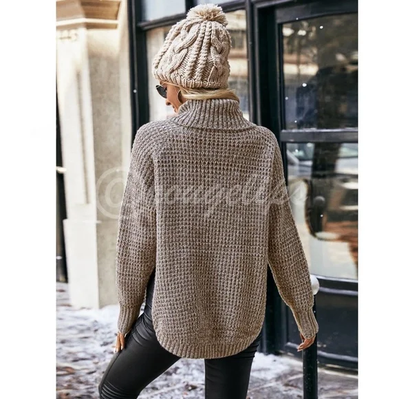 Waffle Knit Khaki Long Sleeve Sweater Turtleneck - Picture 5 of 7